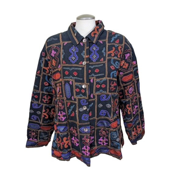 Chicos Design Vintage Patchwork Jacket 3 Womens US XL Black Embroidered Artsy - Picture 1 of 7